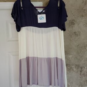 Infinity Raine Cold Shoulder Shirt Size Large Flowy Style Navy Gray & Ivory NWT